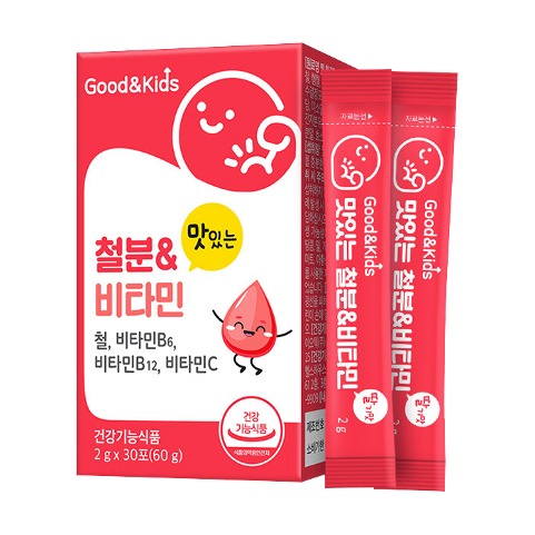 굿앤키즈 맛있는 키즈 철분 비타민 딸기맛 30포 약1개월분 / 어린이 영양제 철분제 성장기
